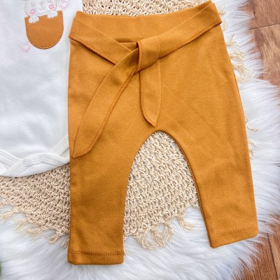 Conj. de Malha 3 peças - Coelhinha no Bolsinho - Mostarda e Off White